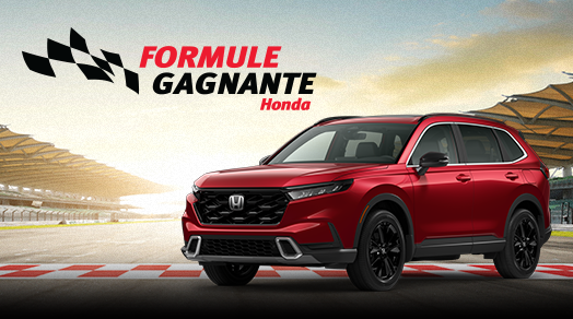 Un Honda CR-V 2024 sur circuit avec le logo Formule Gagnante Honda en haut à gauche.