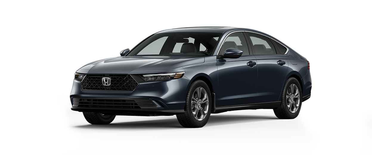 Vue ¾ avant côté conducteur du modèle Accord Sport Hybride 2023 en gris météorite métallisé