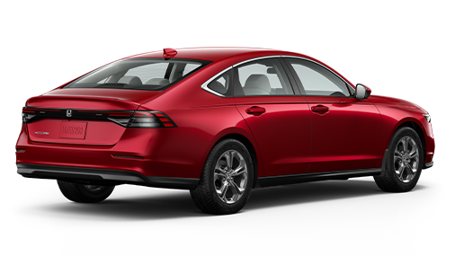"Vue ¾ arrière côté conducteur du modèle Accord Sport Hybride 2023 en rouge rayonnant métallisé"