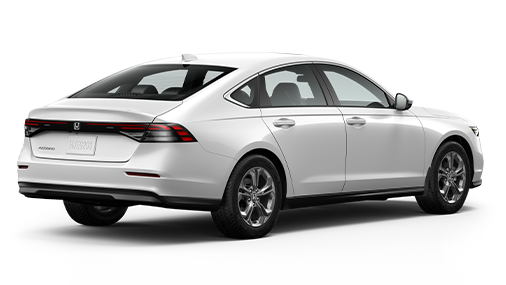 ¾ driver side rear facing view of 2023 Accord Sport Hybrid model in Platinum White Pearl colour