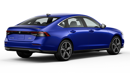 ¾ driver side rear facing view of 2024 Accord Sport Hybrid model in Still Night Pearl colour