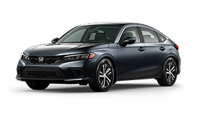 ¾ driver side front facing view of 2022 Civic Hatchback LX model in Meteoroid Grey Metallic colour