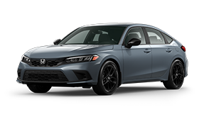 ¾ driver side front facing view of 2022 Civic Hatchback Sport model in Meteoroid Grey Metallic colour