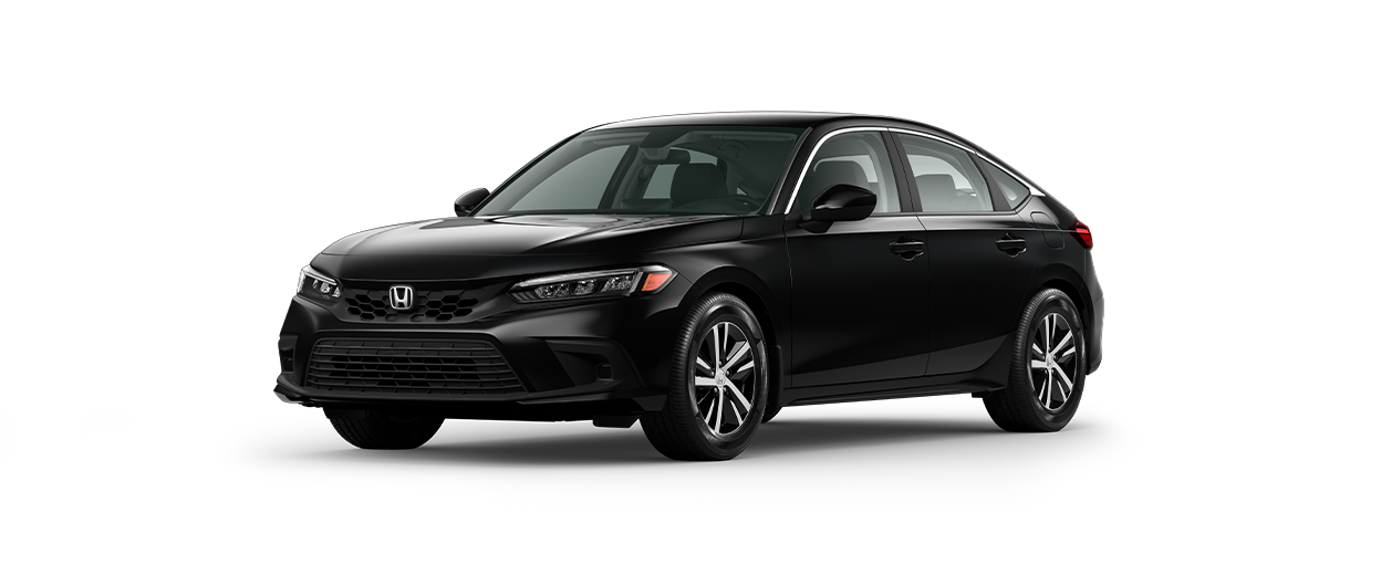 ¾ driver side rear facing view of 2023 Civic Hatchback LX model in Crystal Black Pearl colour