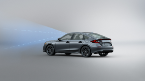 3/4 rear view of grey Civic Hatchback. Blue sensor waves and lines emit from the front.