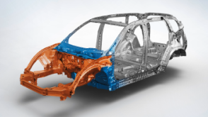 3/4 front view of Civic Hatchback body structure on white space.