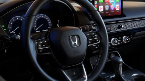 Closeup of steering wheel. 