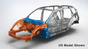 3/4 front view of Civic Hatchback body structure on white space.