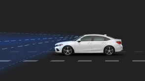 Side view of white Civic Sedan. Blue sensor waves and lines emit from the front. 