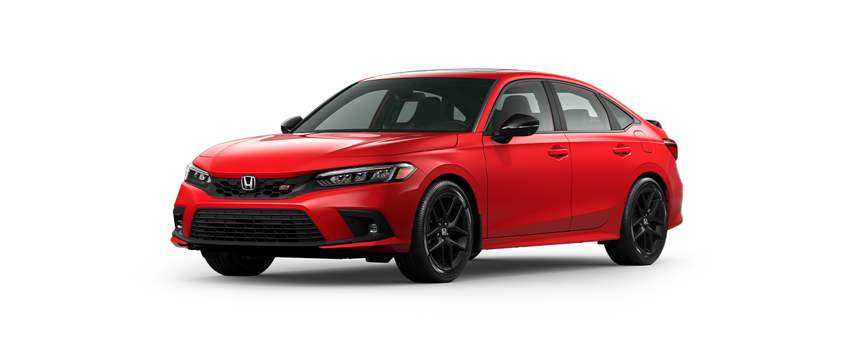 Plan de trois quarts avant d’une Civic Si rouge sur fond blanc.