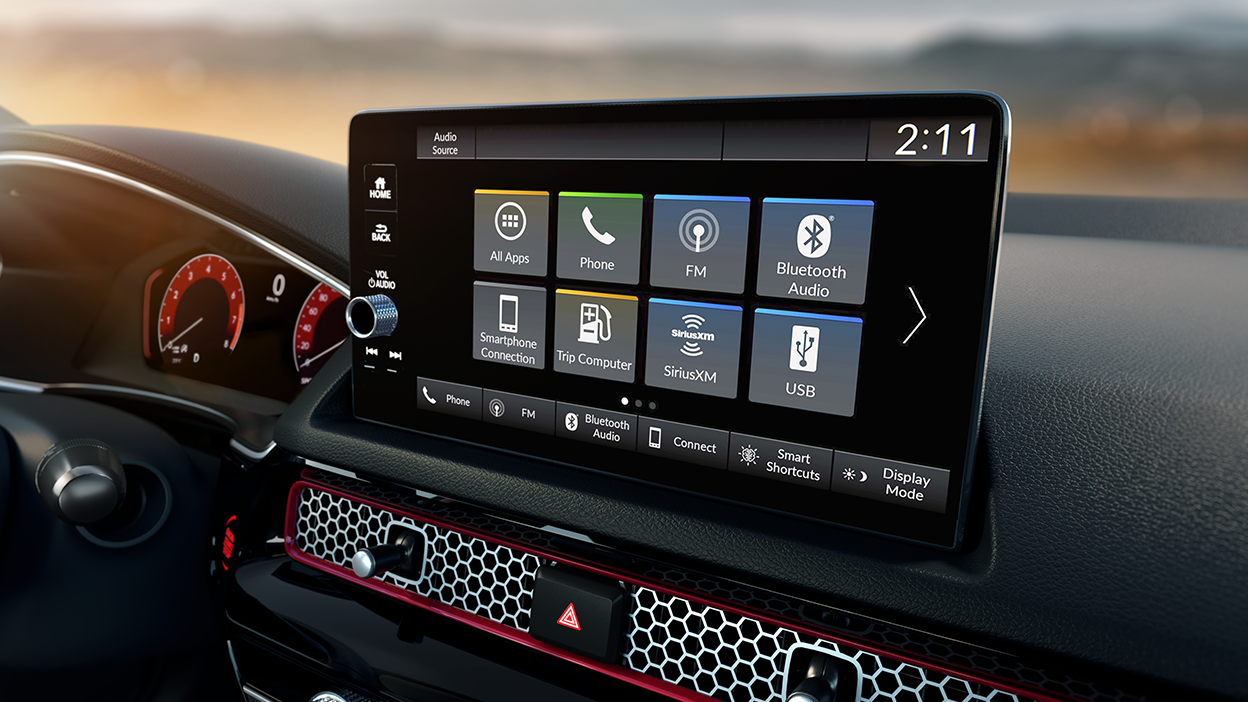 Closeup of colour touchscreen displaying its home screen.