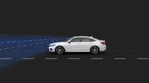 Sideview of white Civic Sedan (for reference). Blue sensor waves and lines emit from the front. 