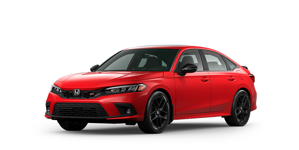 Plan de trois quarts avant d’une Civic Si rouge sur fond blanc.