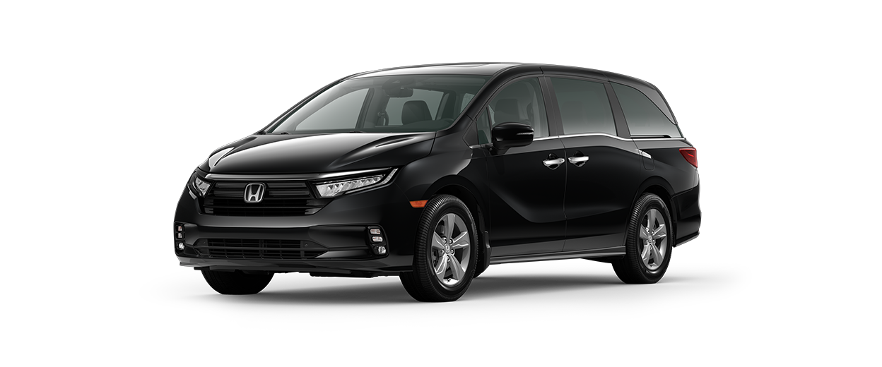 ¾ driver side front facing view of 2023 Odyssey EX model in Crystal Black Pearl colour