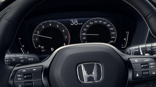 Closeup of TFT screen seen through the steering wheel.