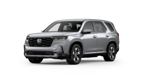 ¾ driver side front facing view of 2025 Pilot EX-L model in Lunar Silver Metallic colour