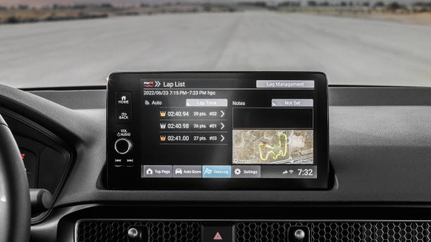 Closeup of the touchscreen displaying LogR™ recorded info: lap times and course map. 