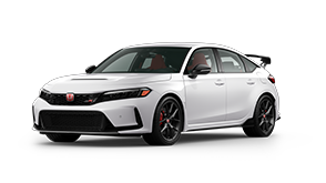 ¾ driver side front facing view of 2023 Civic Type R model in Championship White colour