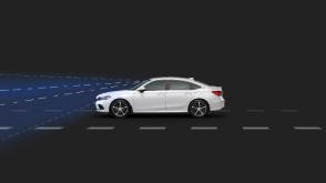 Side view of white Civic Sedan. Blue sensor waves and lines emit from the front.